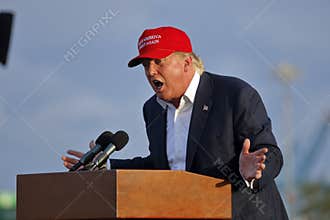 SAN PEDRO, CA - SEPTEMBER 15, 2015: Donald Trump, 2016 Republican presidential candidate, speaks during a rally aboard the Battles