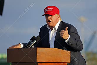 SAN PEDRO, CA - SEPTEMBER 15, 2015: Donald Trump, 2016 Republican presidential candidate, speaks during a rally aboard the Battles