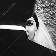 Beautiful gorgeous exotic brunette bride hugging groom closeup w