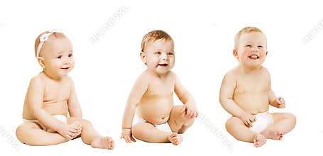 Babies Sitting over White, Toddlers Kids in Diaper, Boy Girl