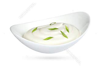 Sour cream with onion isolated on white background