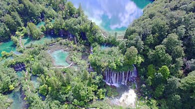 Aerial view of waterfalls and lakes in Plitvice National Park.