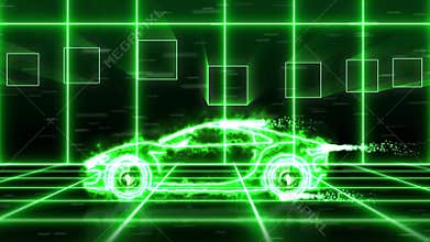 Abstract animation of green energy futuristic super car made with green light beam wireframes on futuristic city background
