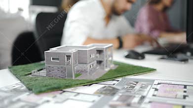 Architecture drawing on architectural project, teamwork Concept. Close up 4k