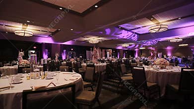 Elegant table arrangement and catering at wedding reception, stylish bouquet centerpiece