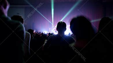 Concert People Crowd Fans Cheering Clapping Applauding, rock band performing on stage with singer performer, guitar