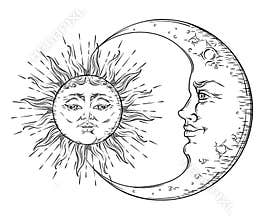 Antique style hand drawn art sun and crescent moon. Boho chic tattoo design vector