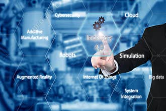 Businessman touching industry 4.0 icon showing data of smart factory.