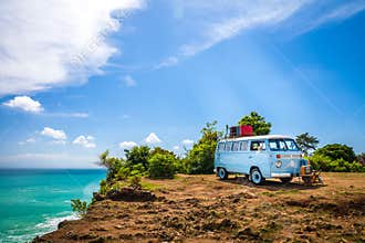 Beautiful Vintage retro car volkswagen van on the tropical beach Bali