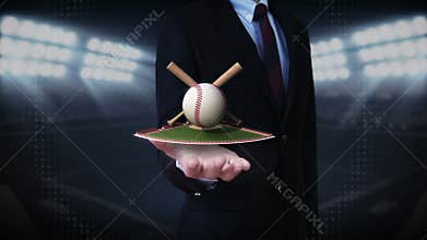Businessman open palm, floting baseball, bat, ball.field.