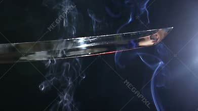 Japanese katana sword. Blade close-up