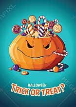 Halloween vintage vector poster. Trick or treat. Pumpkin and candy