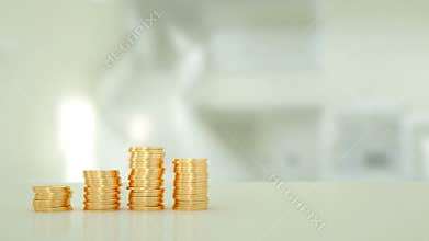 Gold coins stacking up in a column chart style. White background.