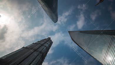 Shanghai day roof top downtown buildings sky up view 4k time lapse china