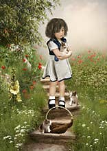 Little girl and kittens
