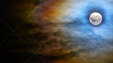 Halloween terrifying midnight sky with full moon background