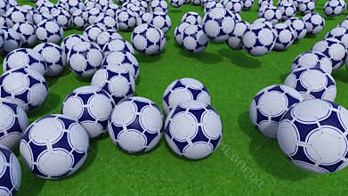 Many football balls rolling and bouncing on green grass field. 4K ProRes clip
