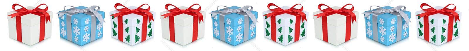 Christmas gifts gift box present in a row isolated