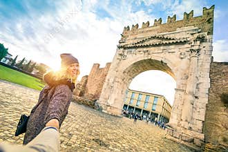 Man following beloved woman on autumn vacation - Fun concept