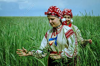 Girls in traditional Belarusian folk costumes for the rite in the Gomel region of Belarus.