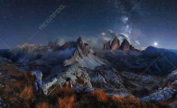 Alps Mountain landscape with night sky and Mliky way, Tre Cime d