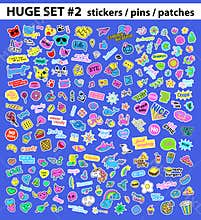 Huge pop art set with fashion patch, badges, stickers, pins, patches, quirky, handwritten notes collection. 80s-90s