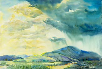 Watercolor landscape original painting colorful of sunny rain