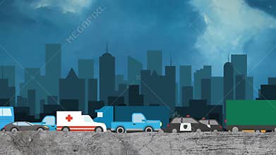 Cartoon Vector of Cars in Heavy Traffic on a City Skyline Background