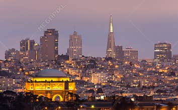 Palace of Fine Arts stands out with San Francisco Downtown background.