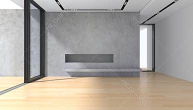 Empty room with concrete wall parquet floor and panoramic window