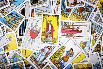 Tarot cards mystical background. Senior card magician.