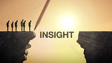 Pencil write 'INSIGHT', connecting the cliff. Businessman crossing the cliff, business concept.
