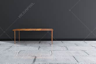3D rendering : wooden table against black wall with whit shiny floor,minimalism interior design room.