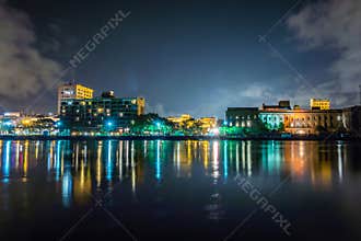 Riverfront board walk scenes in wilmington nc at night