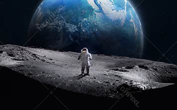 Astronaut on surface of the Moon. Earth on background.