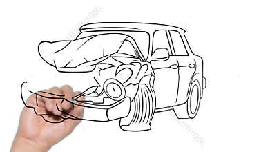 sad woman with crashed car after accident