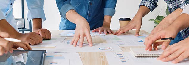 Asian business financial team work together in project brainstorm meeting. Cooperate teamwork, strategy planning