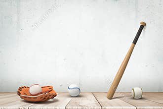 3d rendering of baseballs and brown leather glove lying on wooden floor and baseball bat propped against grungy copy