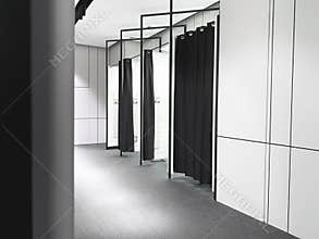 Black and white interior fitting room in a clothing store. Shopping concept. Fitting room in the shopping mall. Shopping in the