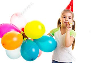 Little happy girl celebrating birthday with multicolor ballons