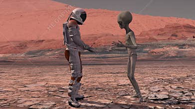 Astronaut meets a Martian on Mars. First contact. Alien on Mars. Exploring mission to mars. Colonization and space exploration