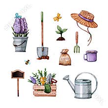 Watercolor set of garden tools and equipment
