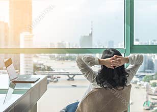 Life-work balance and carefree mental health concept with woman take it easy working and resting