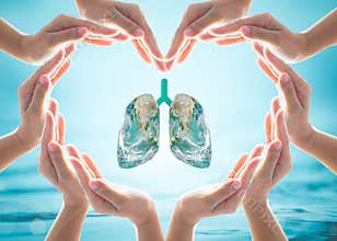 World no tobacco day campaign, lung in heart-shaped hand protection health care design logo concept