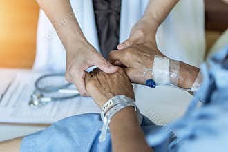 Elderly senior aged patient on bed with geriatric doctor holding hands for trust and nursing health care, medical treatment