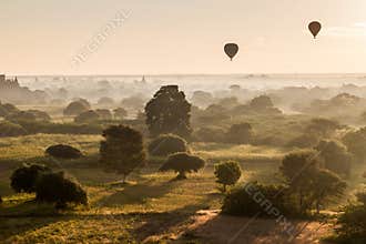 Balloons over Bagan and the skyline of its temples, Myanm