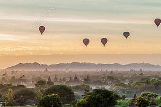 Balloons over Bagan and the skyline of its temples, Myanm