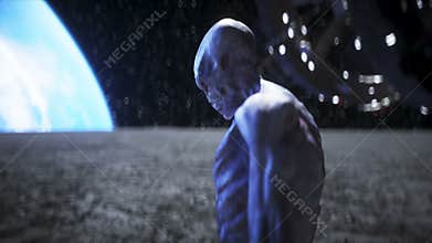Alien on the moon. Ufo concept. 3d rendering.