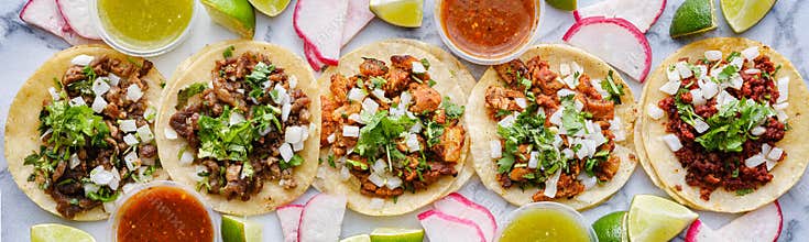 Row of assorted mexican street tacos with garnishes in wide banner composition