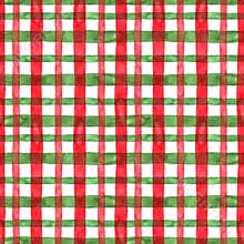 Festive Christmas red and green plaid checkered seamless pattern with white backdrop. Watercolor hand painted stripes and lines.